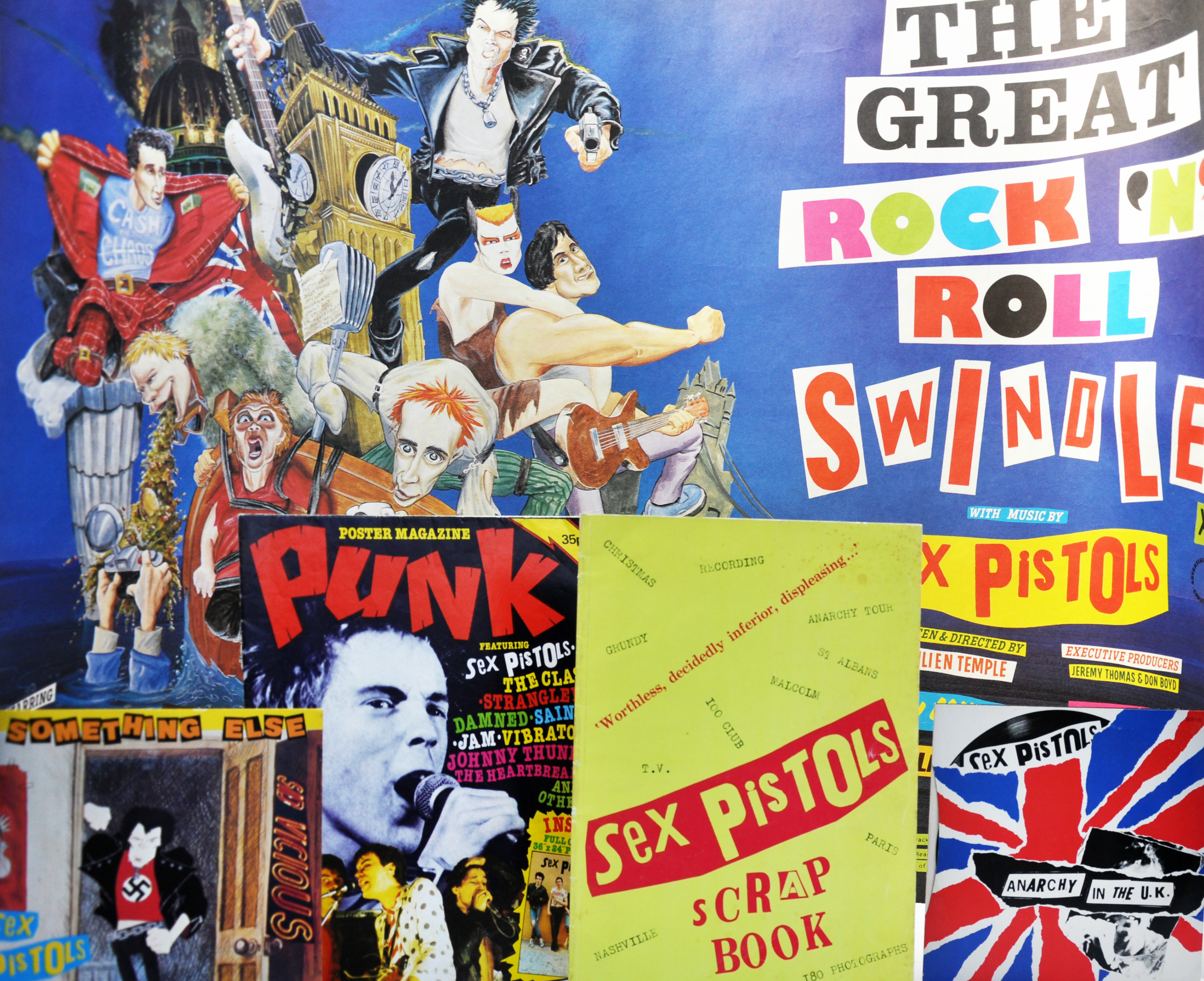 Album covers by Jamie Reid. The Six Pistol Scrapbook by Ray Stevenson. Poster Punk Magazine and The Great Rock ‘n’ Roll Swindle Poster by M Hirsch.